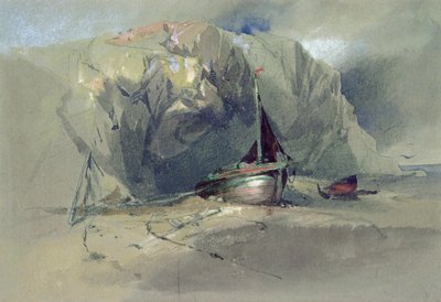 A Fishing Smack and a Small Boat drawn up on the Shore Beneath a Rocky Cliff by Henry Bright